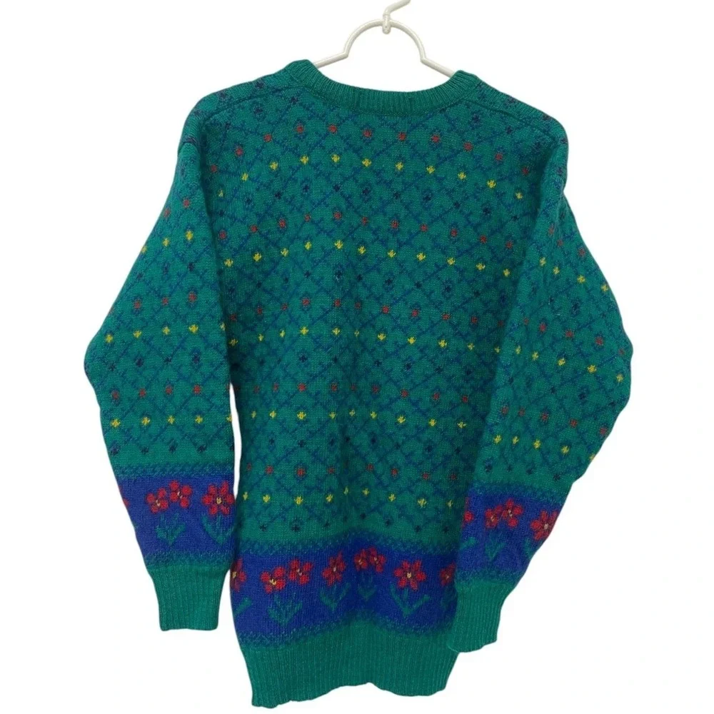 Tulchan Pullover Wool Sweater Womens Medium Green Knit Vintage Flowers - Picture 2 of 9